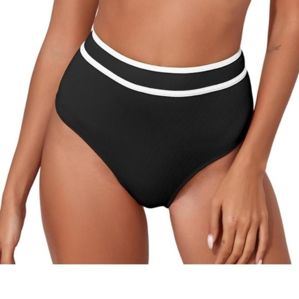 Women’s High Waisted Black Ribbed Bikini Swim Bottom NWT